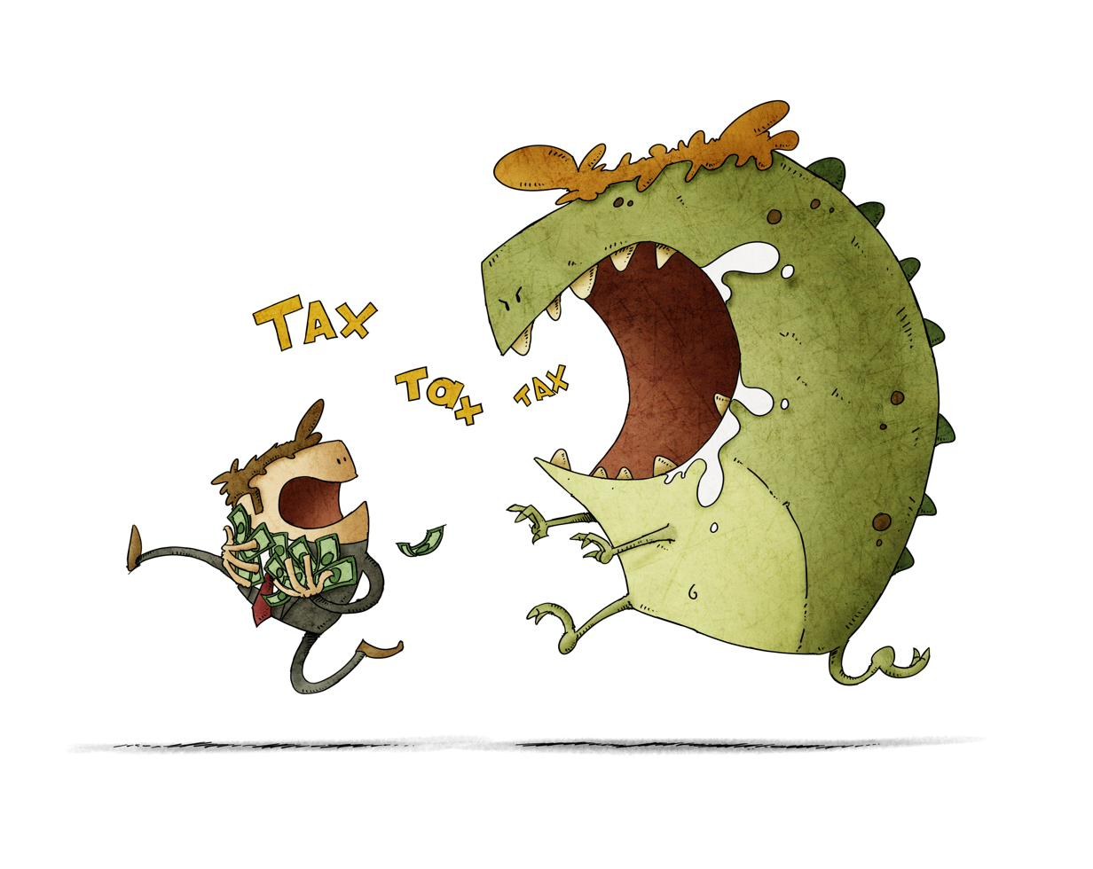 Illustration of a business owner clutching handfuls of cash while sprinting from a giant open-mouthed tax monster shouting 'tax, tax, tax'